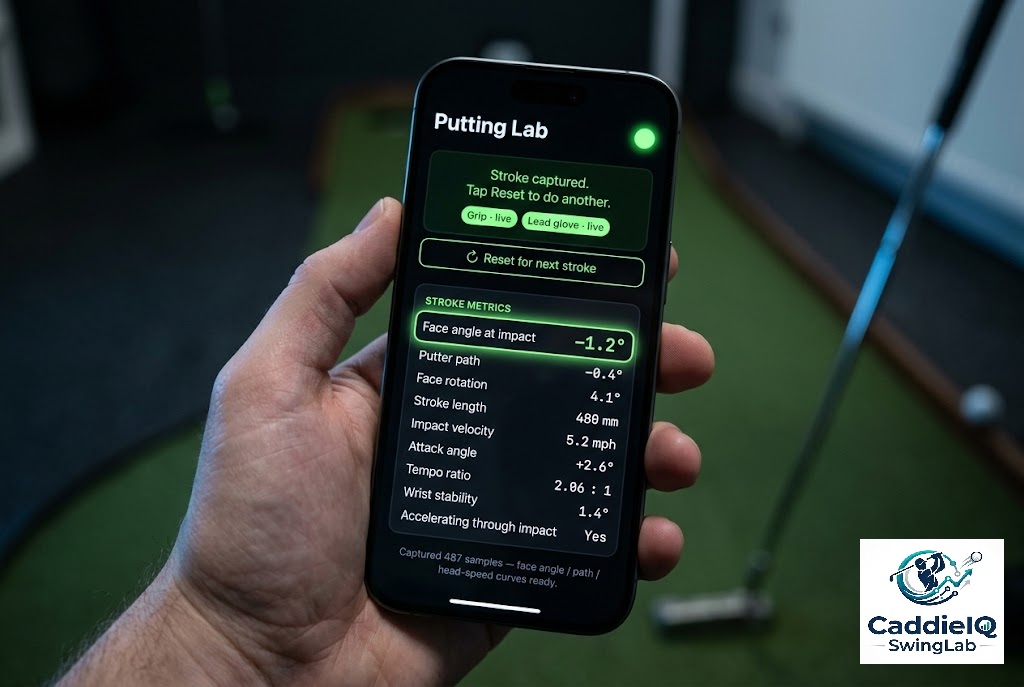 Putting Lab on iPhone — Face angle at impact highlighted at -1.2°, the full stroke-metrics card below it.