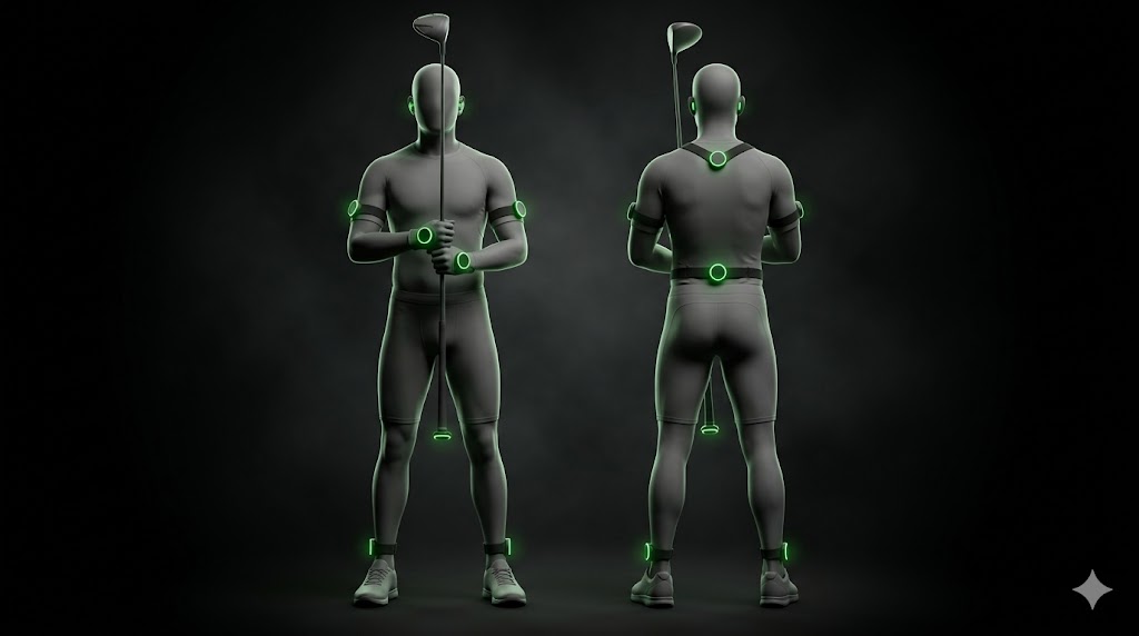 Front and back view of a golfer wearing CaddieIQ sensors — biceps, wrists, chest, lower back and ankles, plus a grip sensor on the club.
