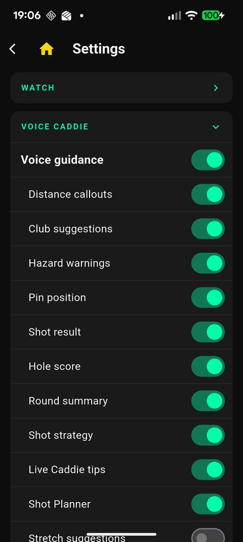 Voice Caddie settings — guidance and callouts