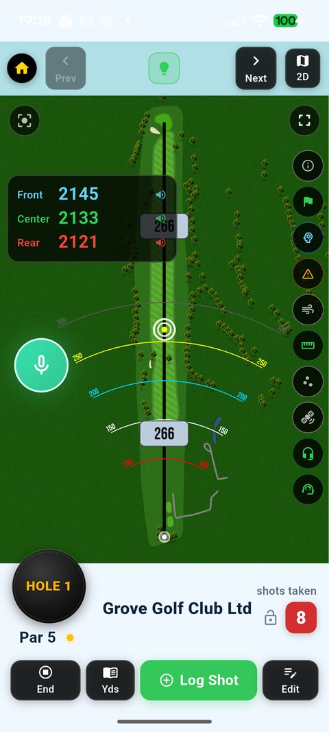 2D hole map with front/centre/rear distances and target ring